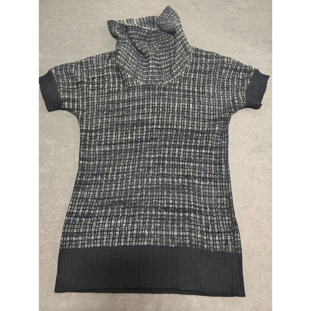Liz Claiborne Womens Large Black Gray Cowl Neck Short Sleeve Knit Tunic Sweater